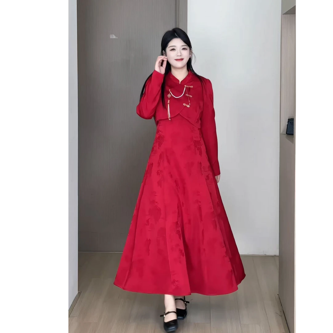 【红韵锦绣】秋季大码胖MM新中式订婚敬酒服套装旗袍连衣裙DM33198