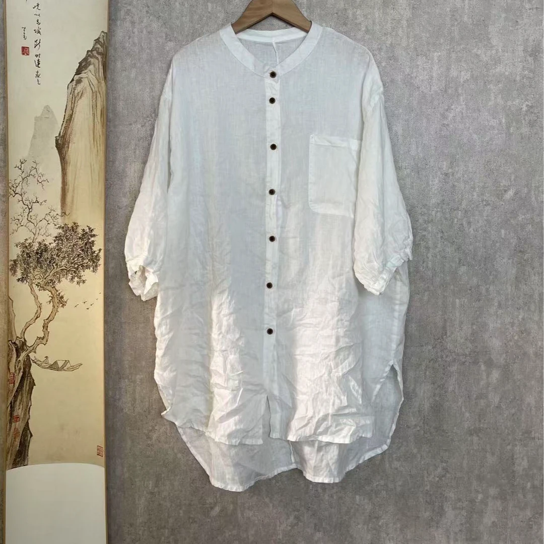 芬雅复古亚麻宽松立领休闲中长衬衫衣长前75后85胸围124