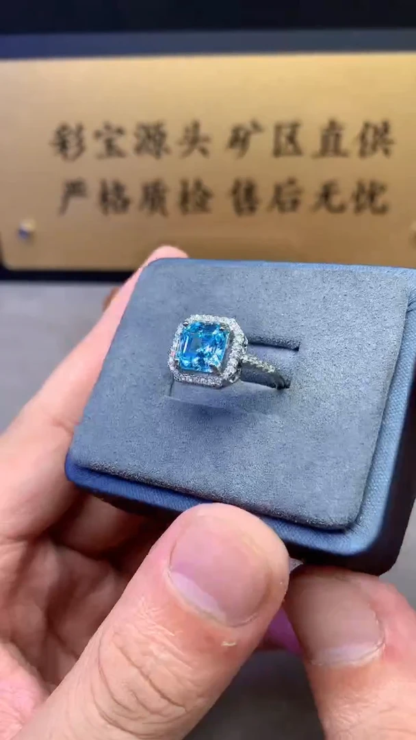 银S925镶嵌戒圈海蓝宝石2222
