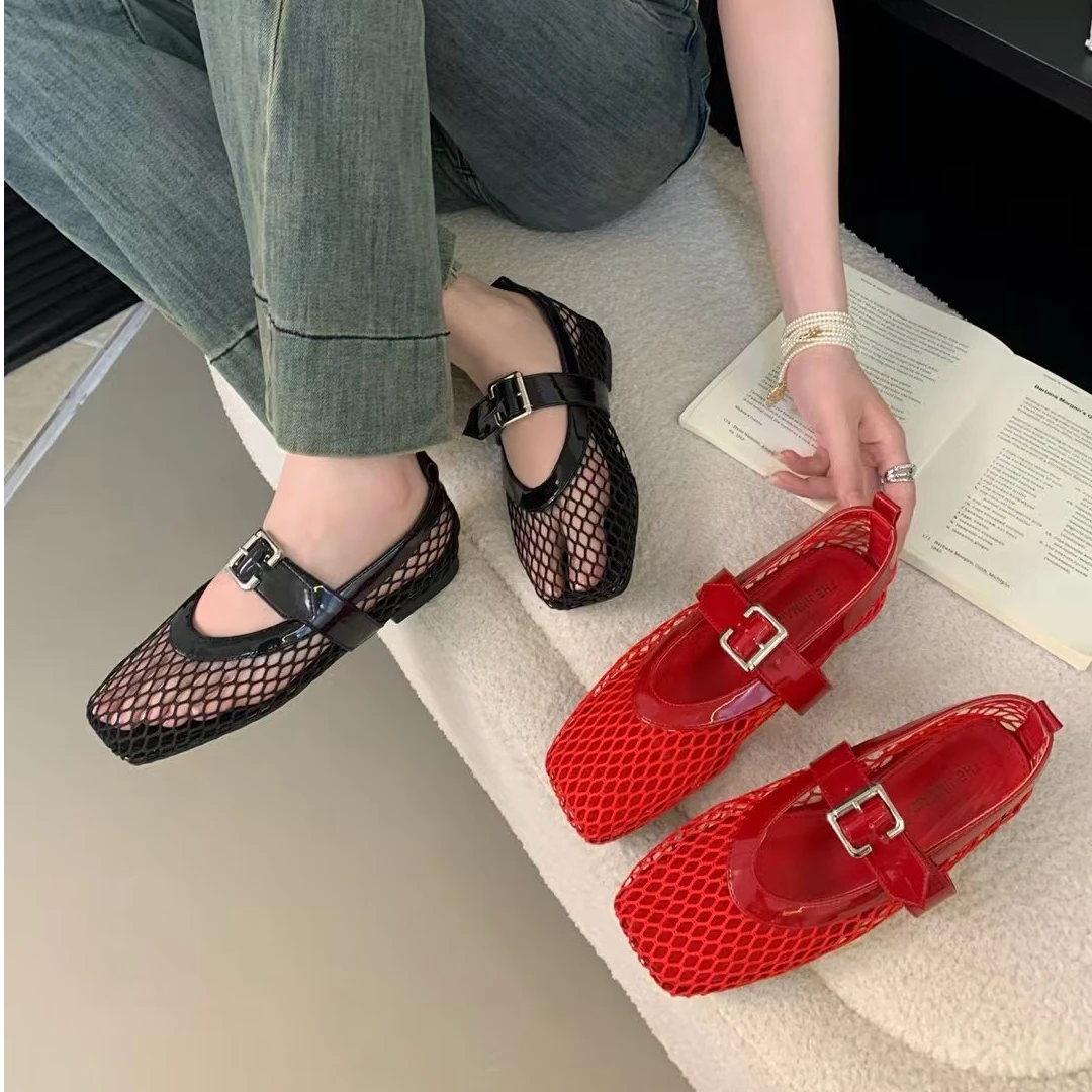 爆款网面透气夏季一字带网鞋软底黑色网面鞋红色小红鞋新款百搭