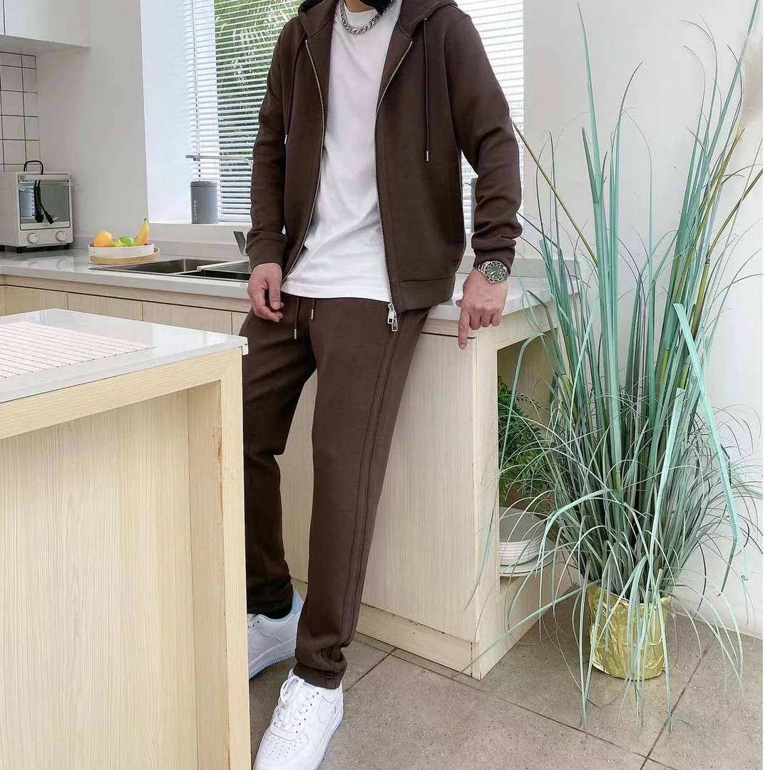 经典款春季简约连帽款百搭时尚潮流轻奢老钱风修身休闲男士 套装