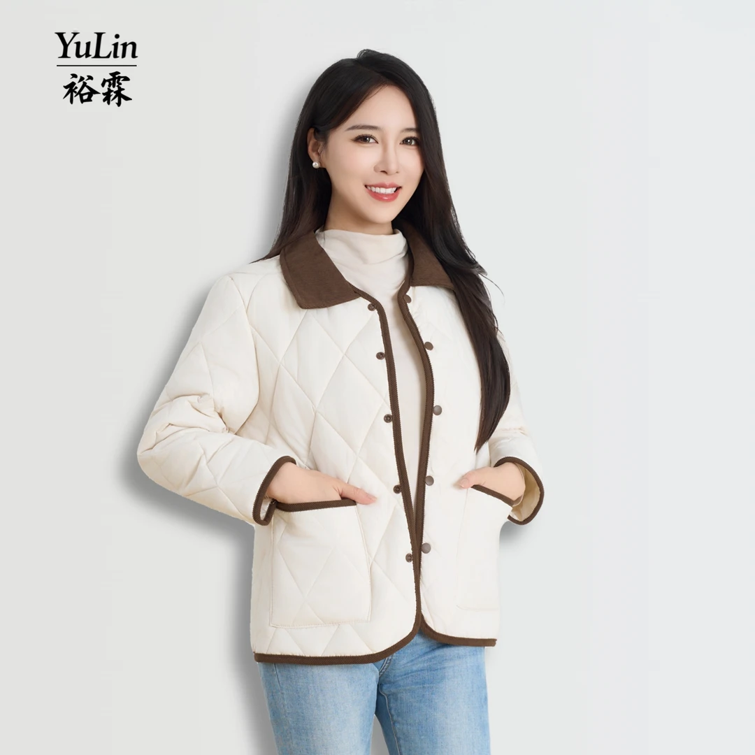 【翻领小香风棉服】简约菱格纹女装时尚休闲百搭风女士保暖棉衣外套