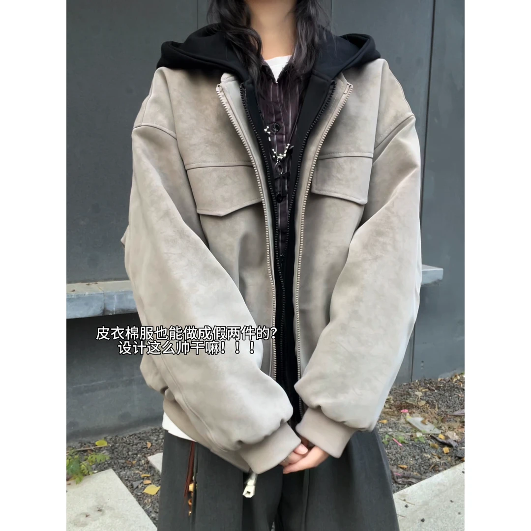 V37美式工装风假两件扎染PU皮夹克棉衣加厚保暖连帽宽松休闲外套