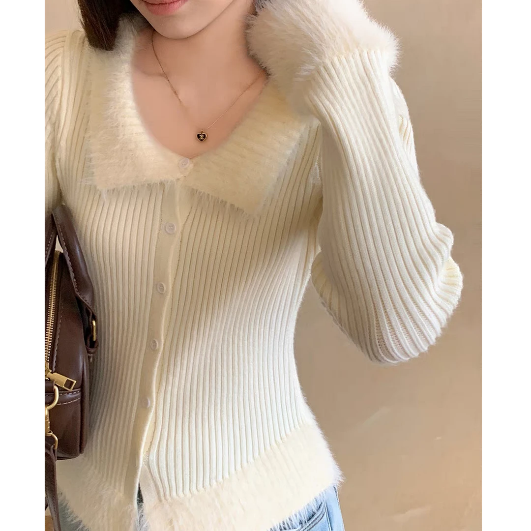 韩系毛茸茸polo领纽扣设计长袖针织开衫女秋冬修身毛衣可内搭上衣