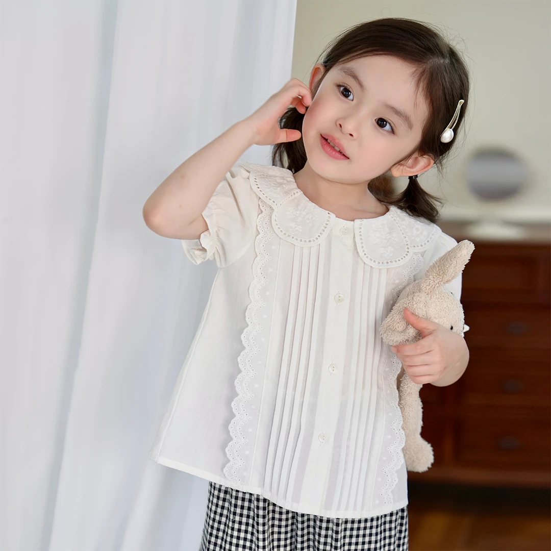 现货【白曦】3923夏季100棉女童宽松衬衫透气娃娃衫百搭短袖上衣