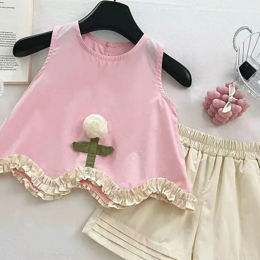 田园风夏季女女童花边背心套装背带公主洋气童装时尚上衣