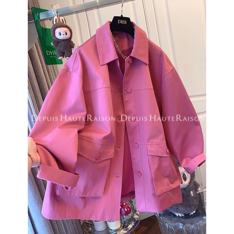 300斤超大码韩式潮流粉色风衣2025早秋新款时尚痞帅男女翻领夹克