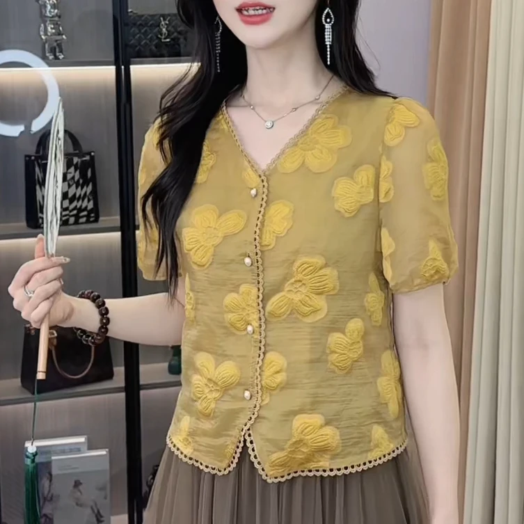 夏季新款2025法式圆领透气薄款短袖衬衫显瘦宽松上衣气质女士短袖