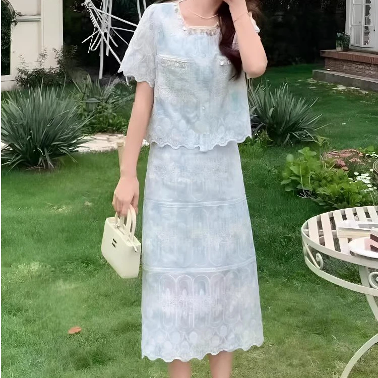 801【衣长48裙长70】小香风时尚套装裙蕾丝镂空贝壳装饰两件套