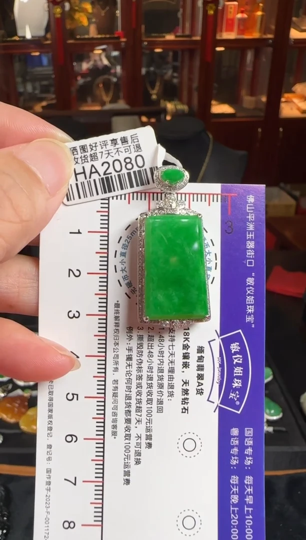颈饰18K金镶嵌翡翠HA2080冰绿无事牌