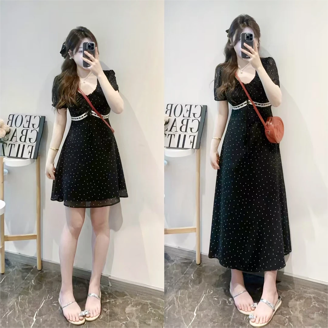 夏季新款小众设计感法式V领时尚气质收腰显瘦高级黑色波点连衣裙