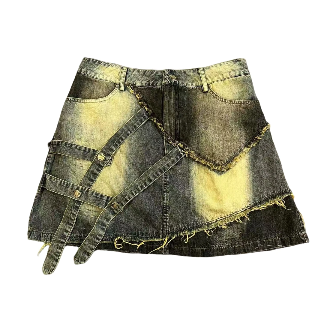 洗水复古牛仔毛边拼接短裙