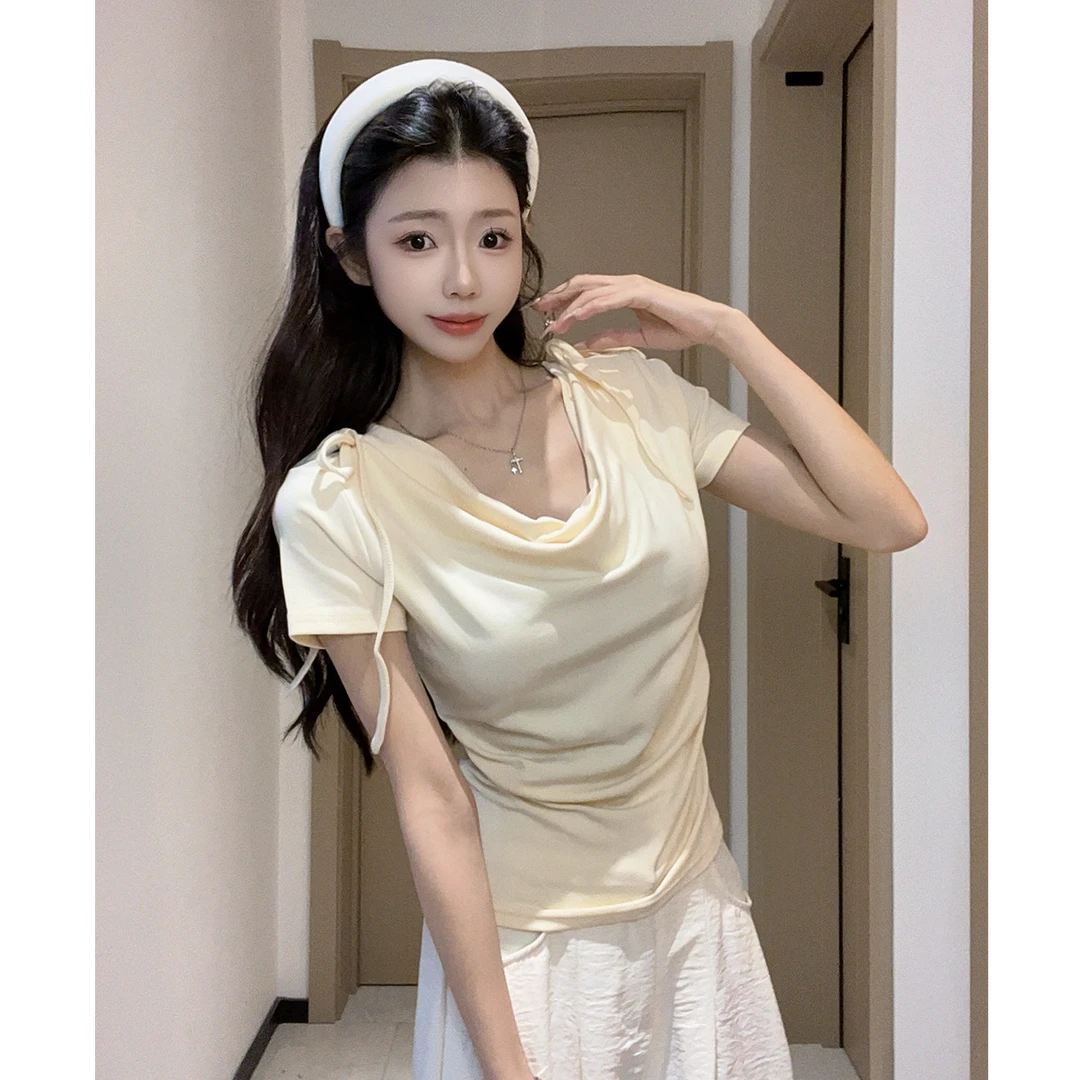 由子衣舍/Youzi Atelier蝴蝶系带露肩荡领短袖气质T恤设计感短袖