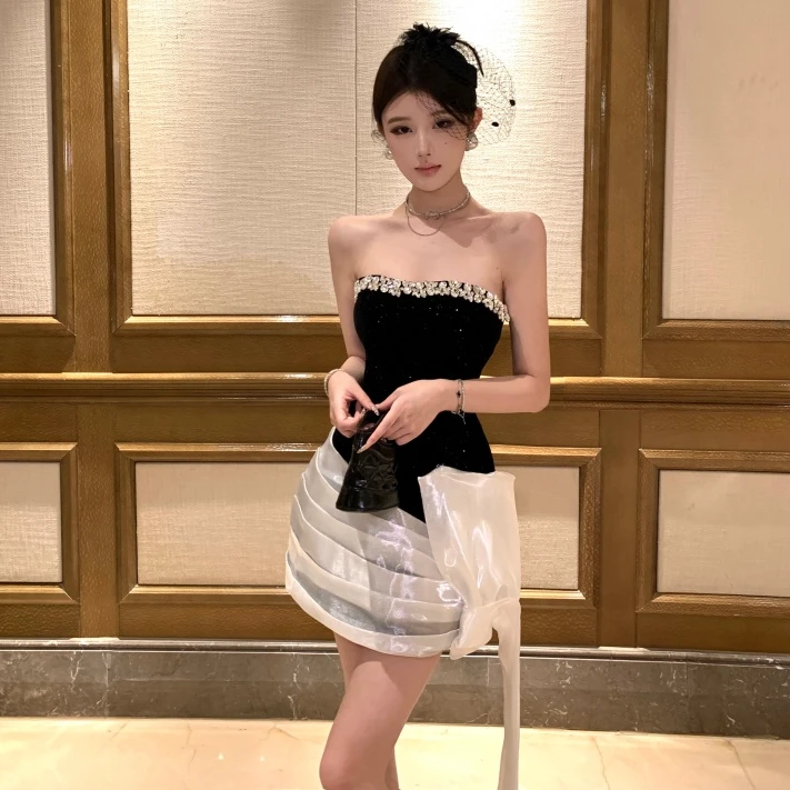 轻奢时尚重工镶钻撞色拼接细闪丝绒抹胸裙一字肩性感无袖礼服裙女