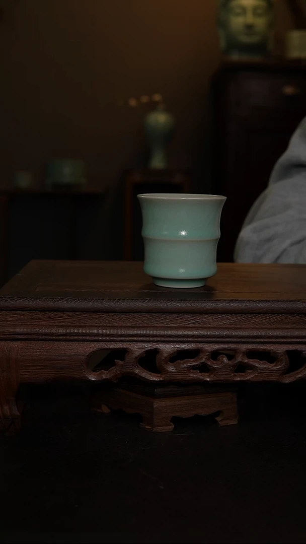 摆件仿古手工军绿竹节杯