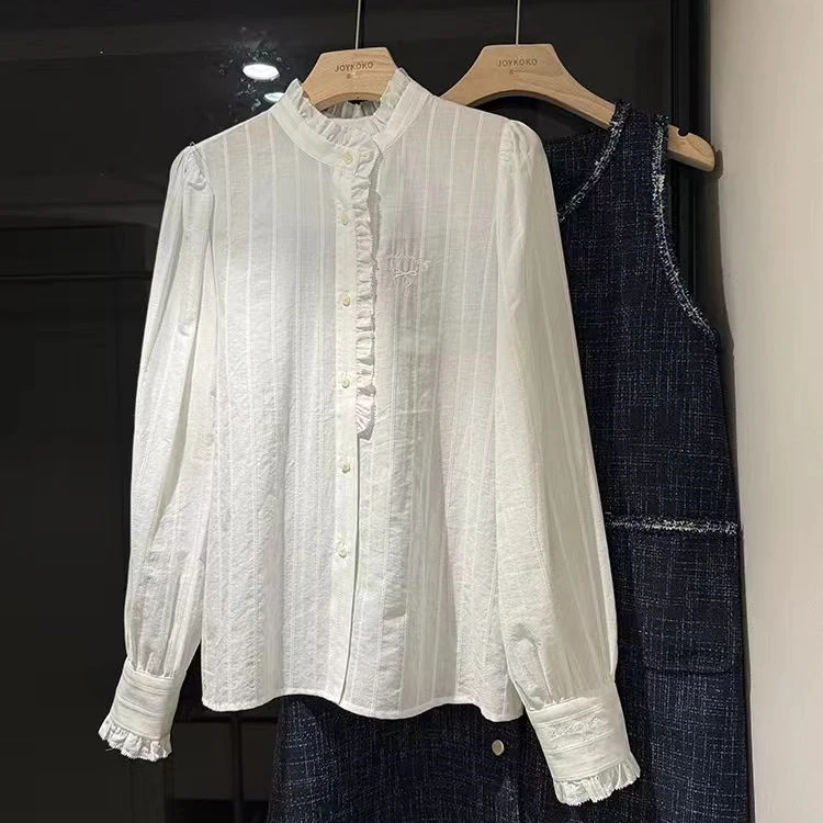 蝴蝶结花边刺绣半高领甜美薄款纯棉长袖灯笼袖白色衬衫6079