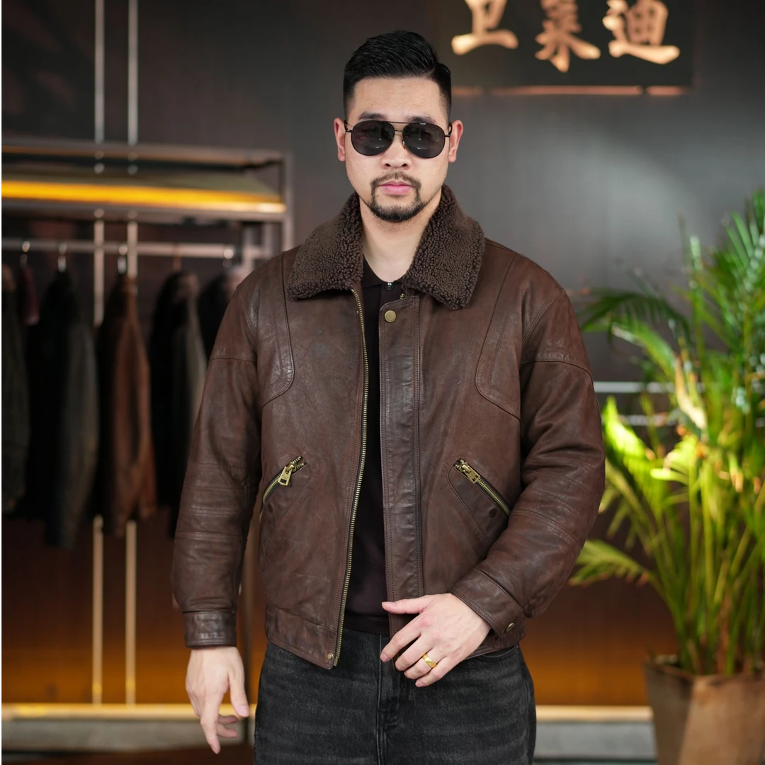 复古冬季鹅绒【卫莱迪】新款男士真皮皮衣 山羊皮夹克25172微宽松