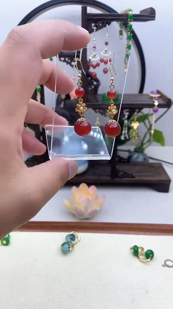 南红玛瑙14K金镶嵌耳饰62号