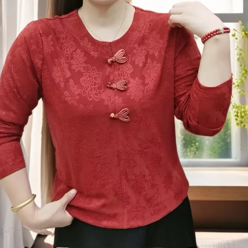 新中式春秋款提花长袖洋气减龄打底衫时尚圆领百搭女士上衣
