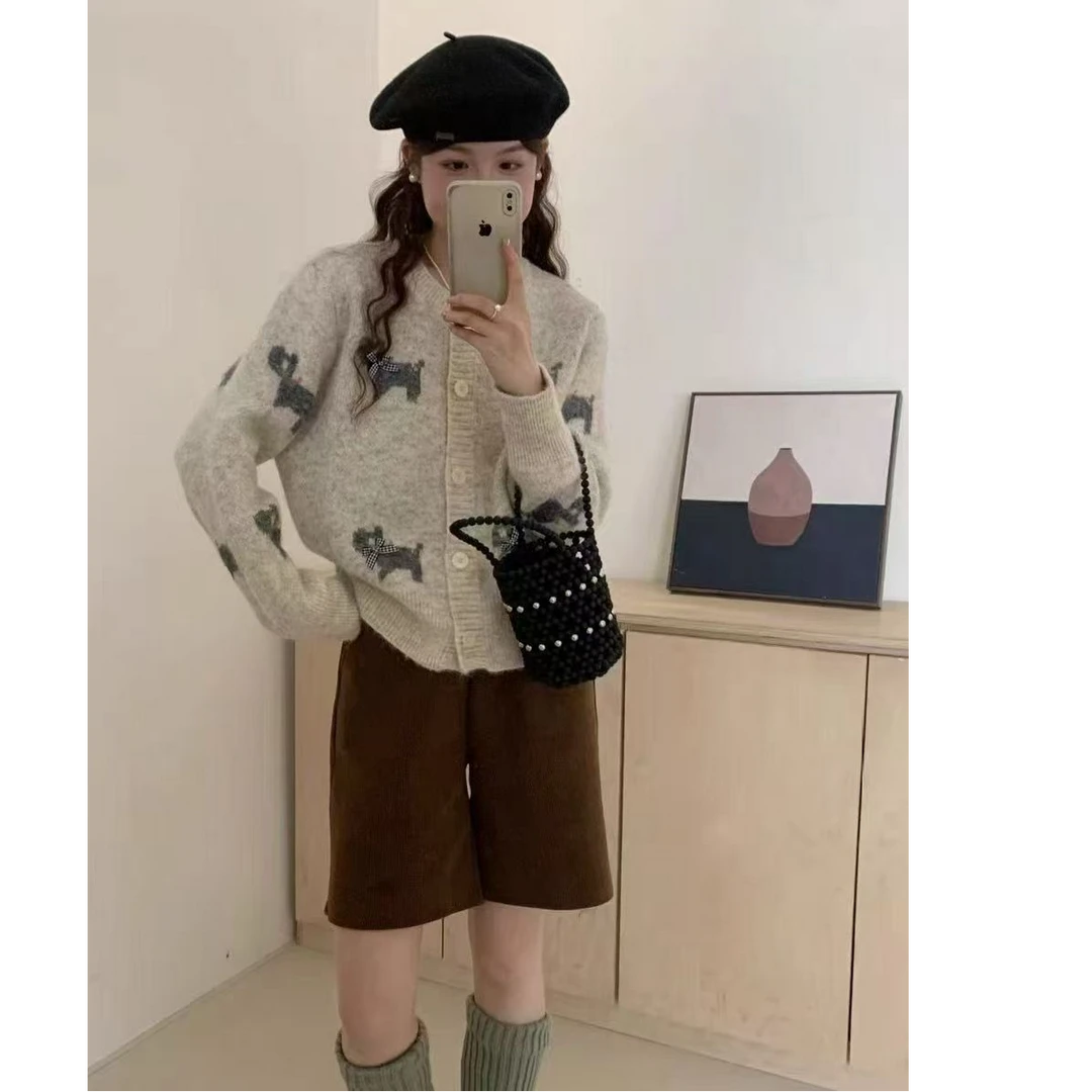 韩系小狗提花2025秋冬新款圆领长袖慵懒风针织衫开衫上衣女1345