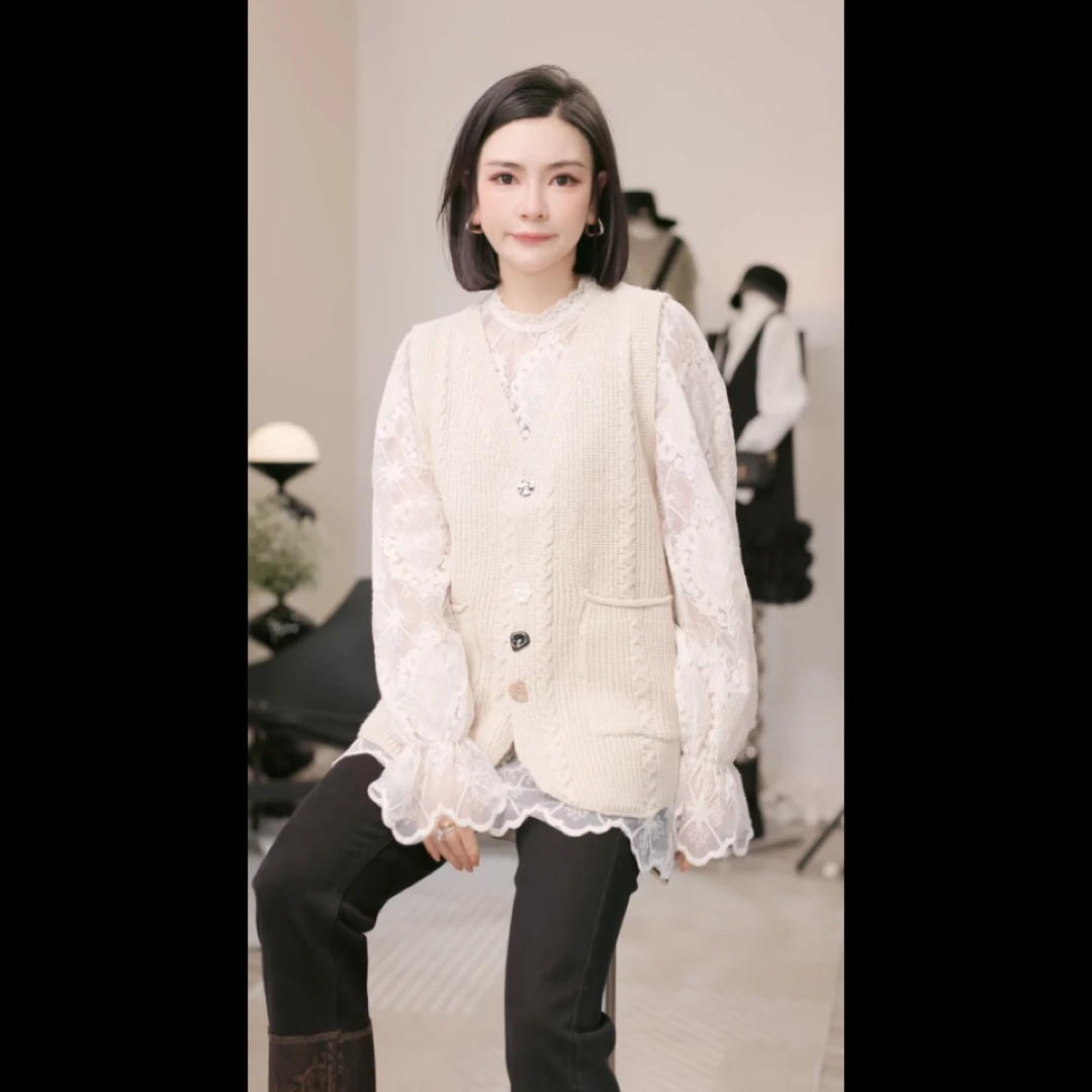 【普瑟琳设计师品牌】针织马甲+透感衬衫两件套 18069 D