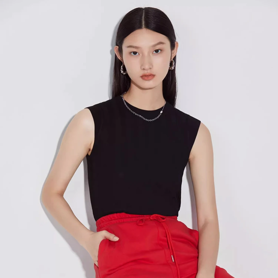 无袖背心女2024夏弹力小立领黑色打底桑蚕丝修身上衣内搭M700253