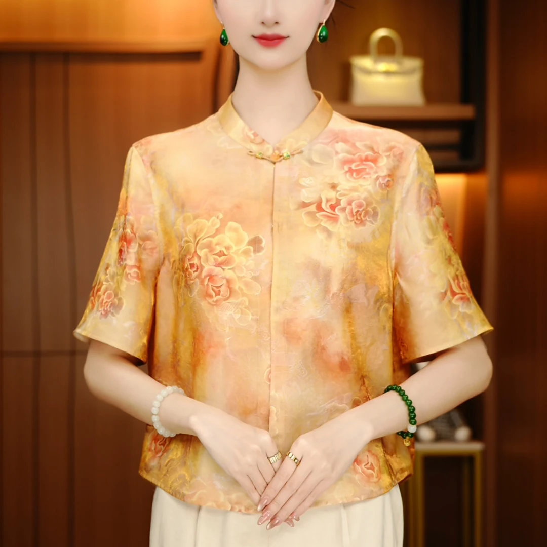 深圳新中式夏季国风上衣上新百搭气质印花款遮肉显瘦短袖-A250553