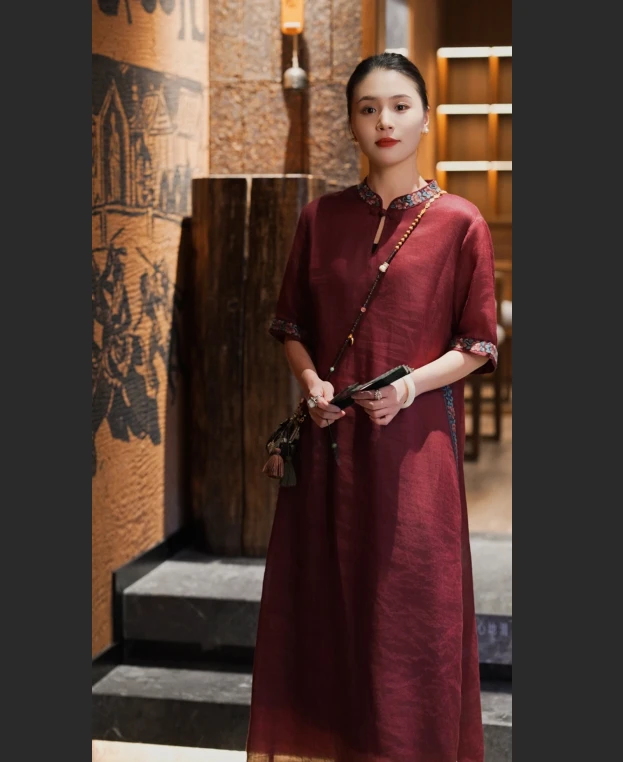 羊在在【寄春君】民族风茶服禅意奥戴连衣裙纯苎麻LYQ25YL1466