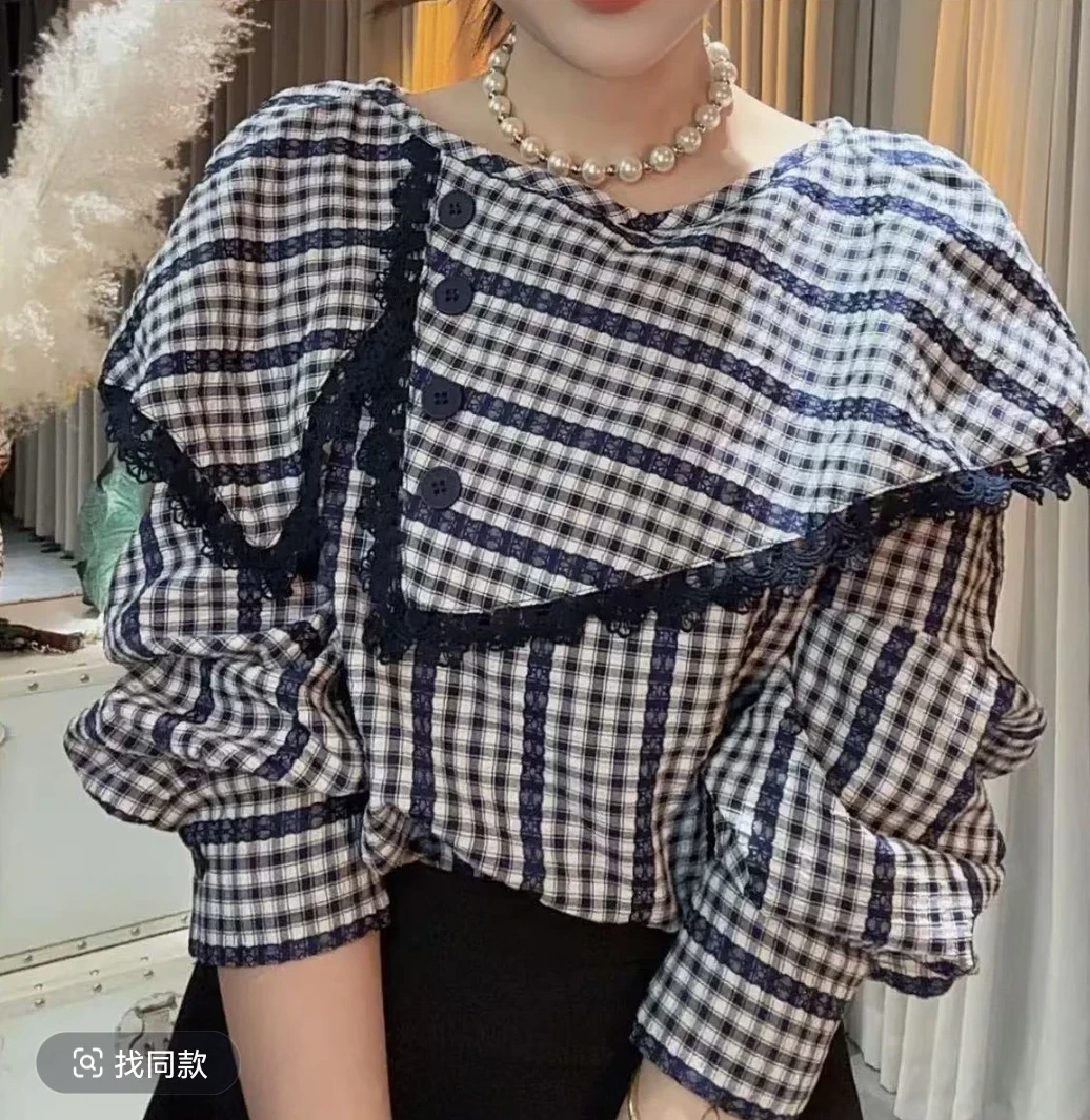 春季新款时尚韩系洋气格纹设计感不规则翻领气质长袖衬衫格子