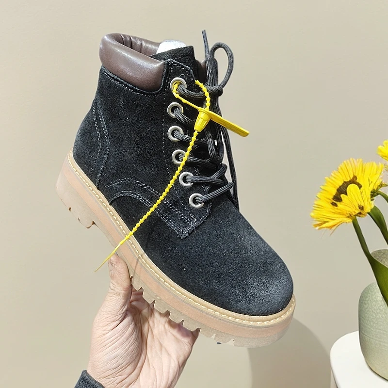 真皮牛皮时尚短靴英伦风冬季秋冬系带加厚高帮百搭休闲保暖厚底