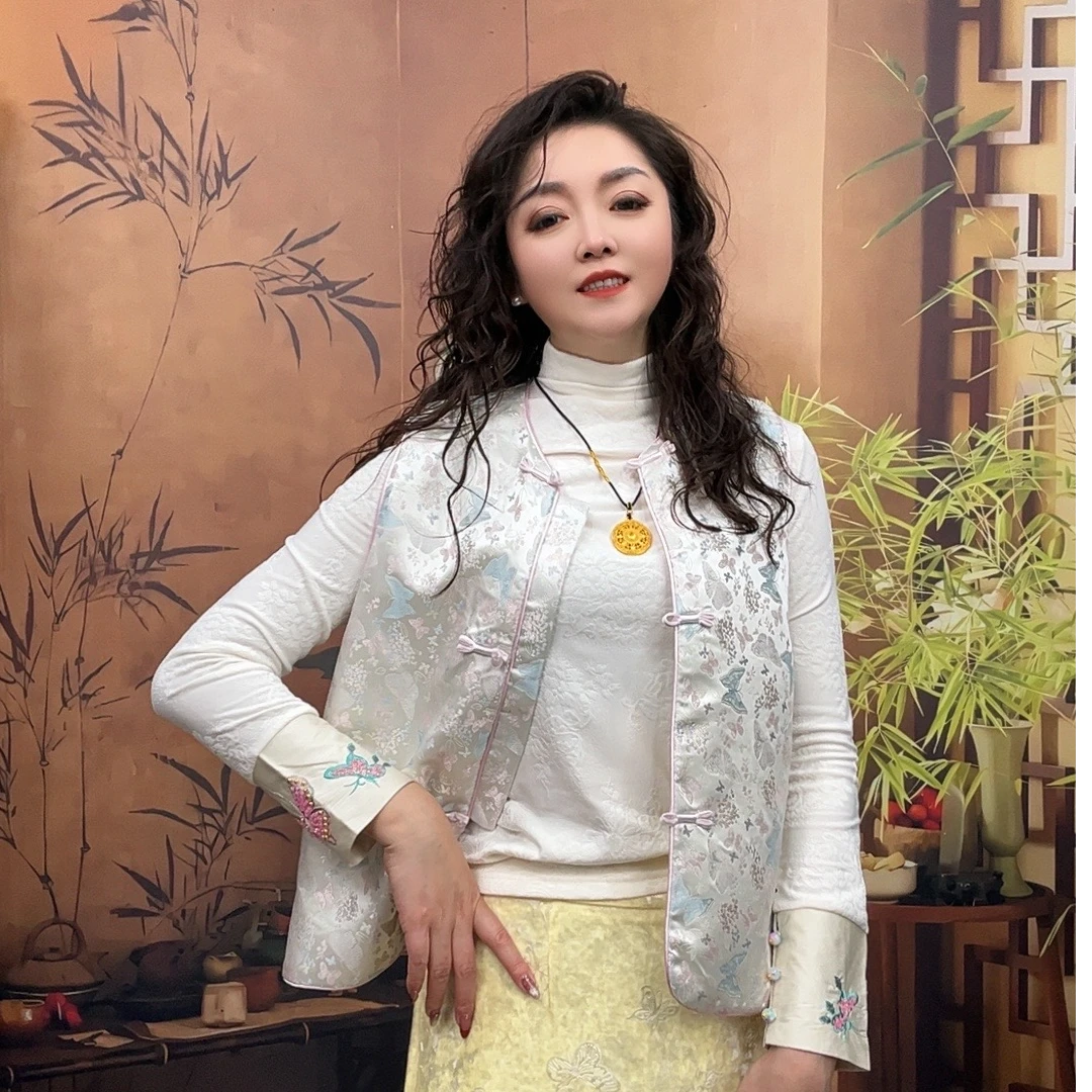 【飞花蝶舞】新中式国风琉璃盘扣网红时尚2025春秋新款圆领提花马夹