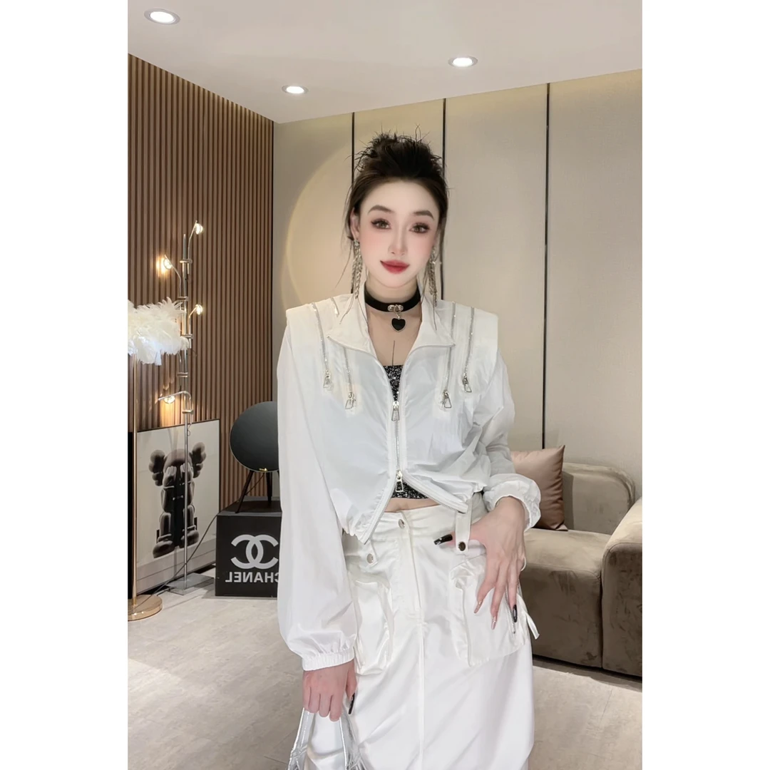 XQ88010【双肩拉链外套】美式时尚个性双肩拉链抽绳外套洋气衣服女