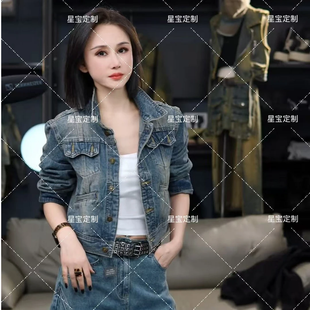 春秋新款设计感复古拼接休闲百搭短款牛仔上衣8625