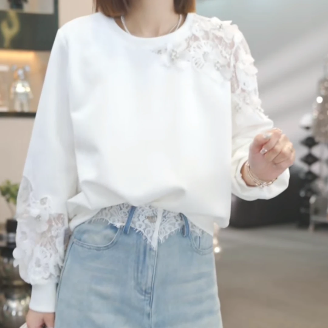 设计感重工蕾丝长袖卫衣女2025春季新款百搭时尚休闲套头圆领上衣