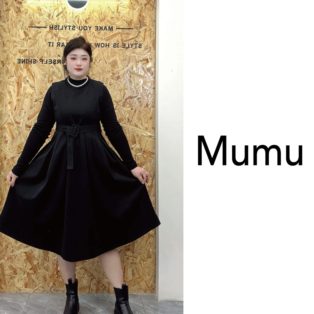 Mumu 胖妹妹半高领长袖打底衫+收腰马甲百褶长裙显瘦气质