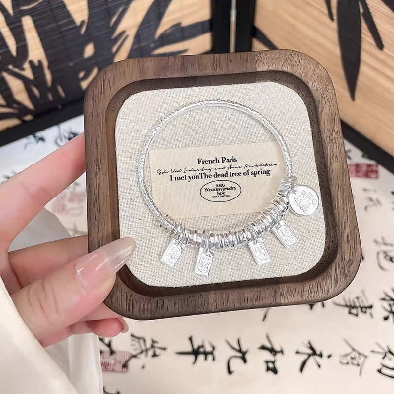 足银手镯 坠链圆棍盘缠999.9纯银手镯串珠盘缠招财纳福足银镯子