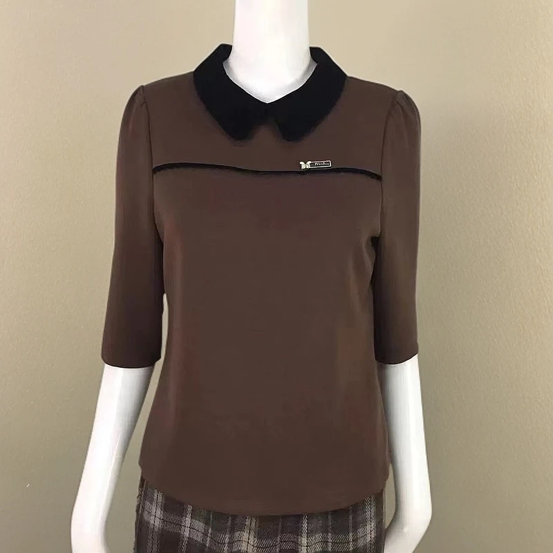 【F843】立领常规翻领法式T恤减龄打底衫洋气拼接设计感修身