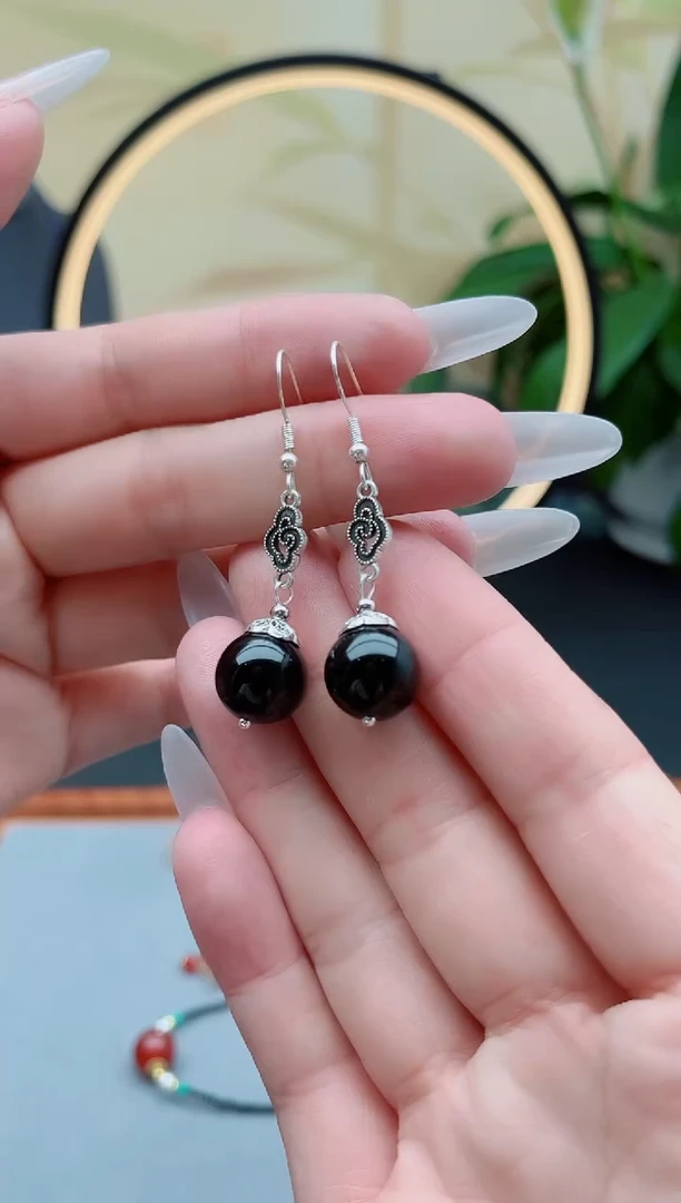 黑曜岩银S925镶嵌耳饰207