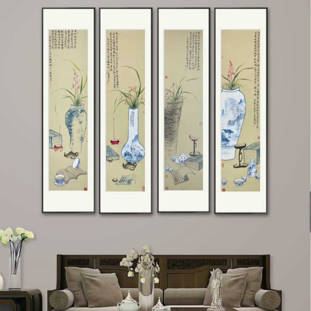 书房国画仿古宣软片34 cm x 138cm劝学系列兰花清供青花瓷四条屏