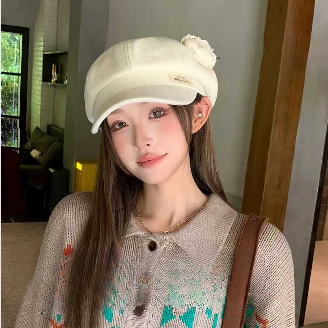 25新款可爱小兔子八角帽子女秋冬百搭大头围复古百搭显脸小毛呢
