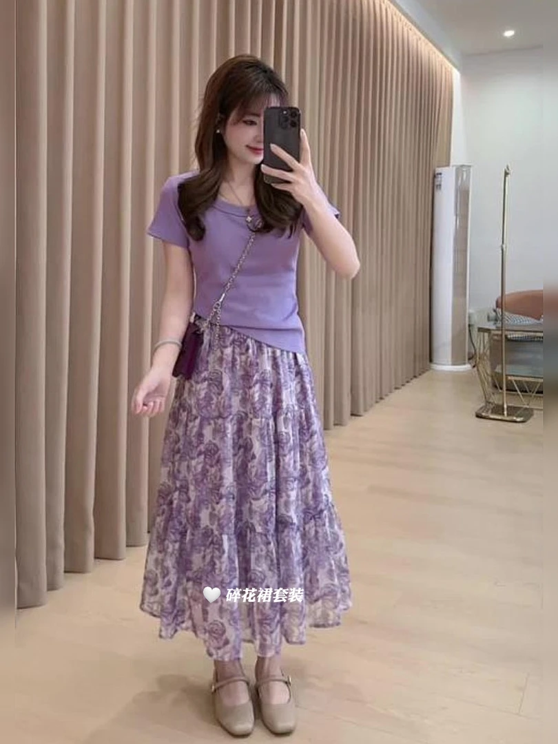 【源头工厂套装】夏新款百搭薄款短袖高腰印花超仙半身裙99415+Q234