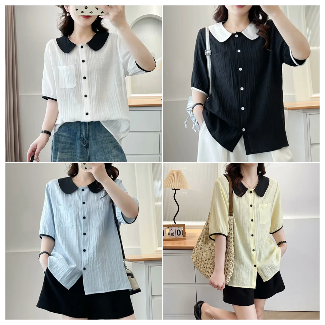 大码女装夏季韩系娃娃领衬衫时尚休闲百搭宽松显瘦洋气减龄上衣
