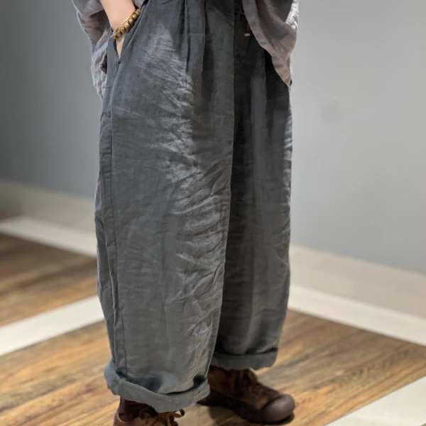 2025春夏新品复古文艺宽松显瘦气质百搭高订雨露麻纯色砂洗休闲裤