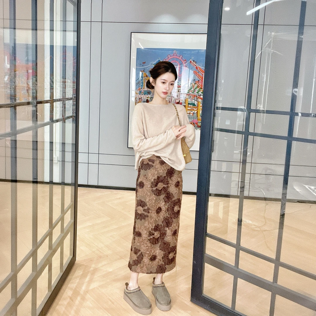 ZLeays林小允-暗香-羊毛复古洋气花朵咖色半裙XMXY578