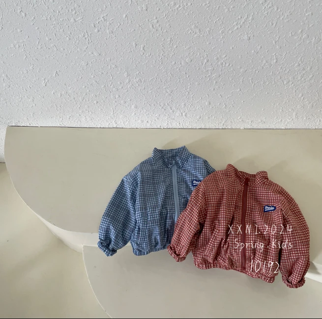 小熊妮 童装时尚休闲薄款格子拉链外套马卡龙色潮韩版10192 桔色