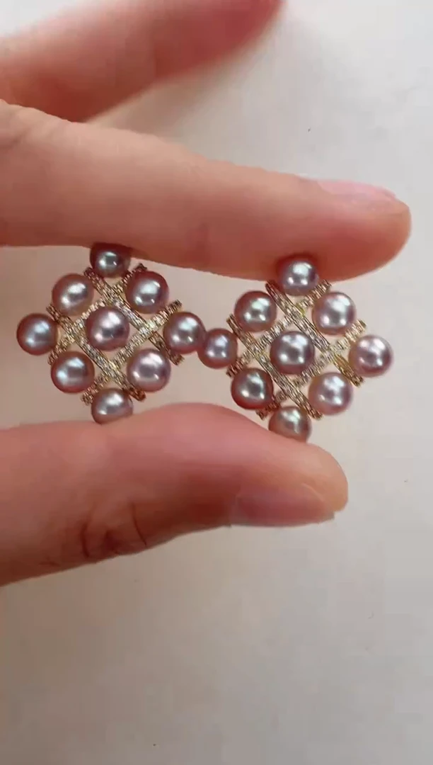 【闪购商品】淡水珍珠耳饰合金紫色棋盘