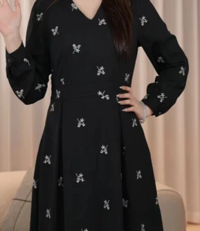 3338（36）长袖成人刺绣A字裙大码连衣裙法式