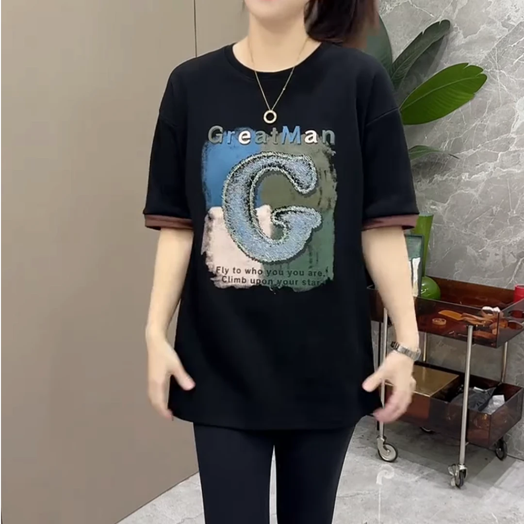 【芊莱】中长款短袖大C印花T恤休闲春夏季半袖大版圆领卫衣