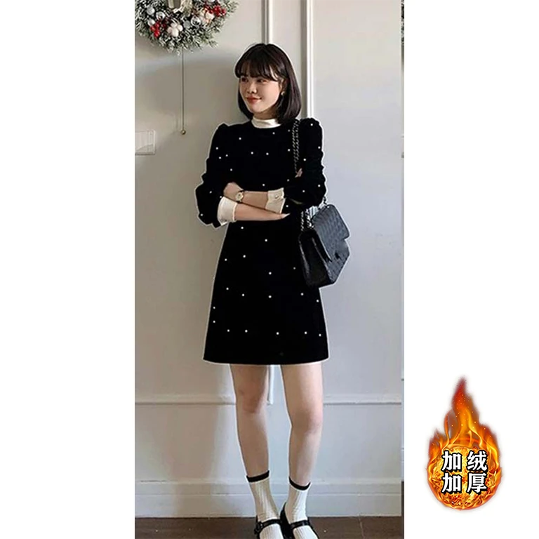 【加绒加厚】法式复古连衣裙撞色拼接显瘦别致赫本风小黑裙LJ0264