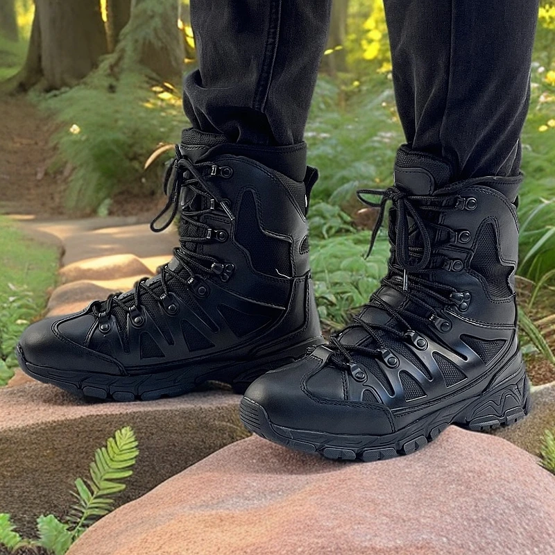 黑色牛皮高帮男靴轻便真皮战靴沙漠靴防水防滑执勤作训鞋